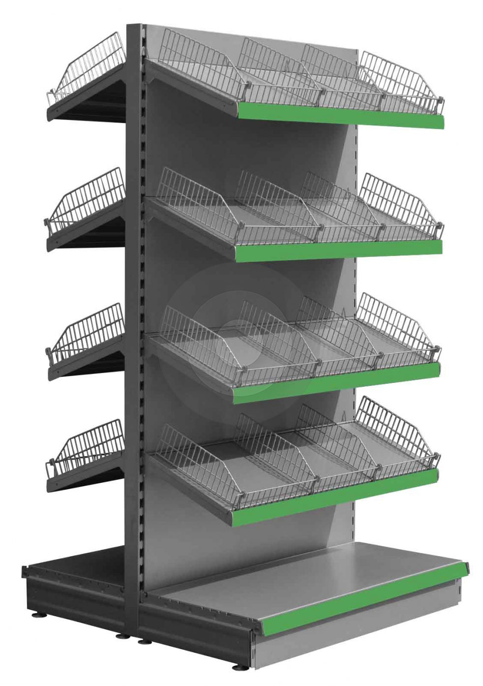 Silver Gondola Shelving with Wire Risers and Dividers