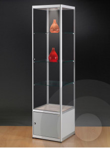 Tower display with ceiling lights and storage cupboard 