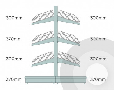 Silver Shallow Gondola Shelving - Low (base + 3) With Wire Risers & Dividers