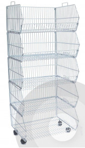 5 stackable wire baskets on wheels