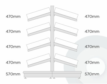 tall deep gondola shelving with plastic risers and dividers diagram