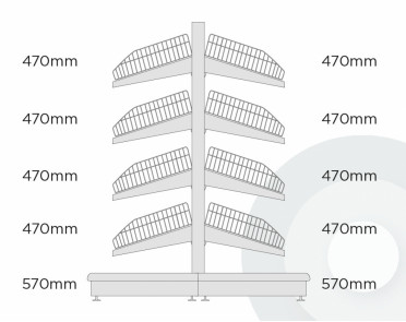 deep tall gondola shelving with wire risers and dividers diagram