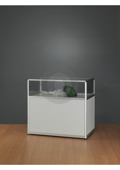 Shop counter with glass top and storage underneath