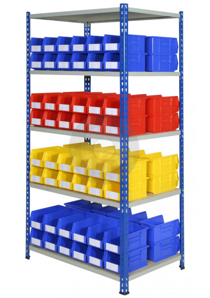 Industrial shelving with display bins