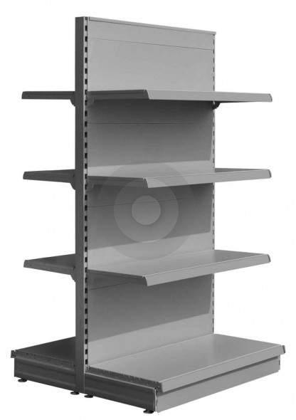 silver low gondola shelving unit