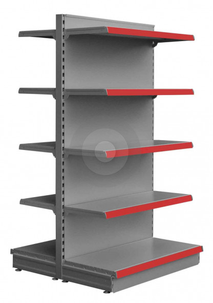 silver gondola with 4 upper shelves each side
