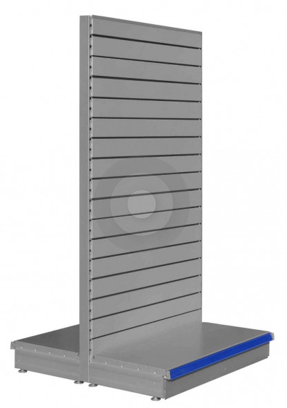 silver gondola shelving with slatted back panels
