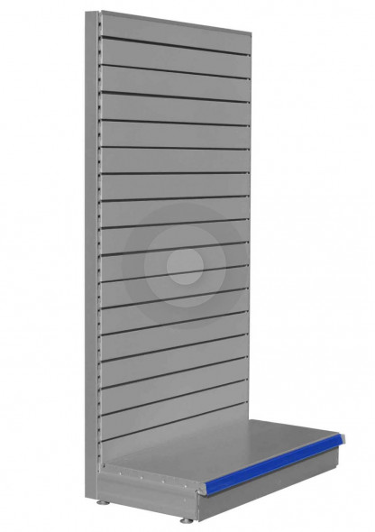 Silver shelving end bay with slatted back panels