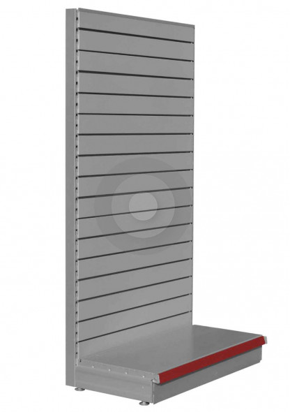 Silver shop shelving end bay with slatwall back panels