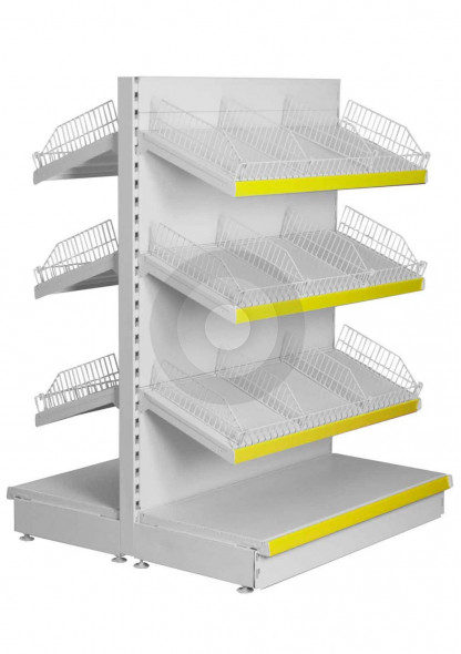 retail gondola shelving with wire risers and dividers