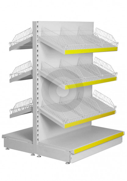 retail gondola shelving with wire risers and dividers