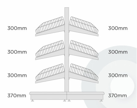 Shallow Gondola Shelving - Low (base + 3) With Wire Risers & Dividers