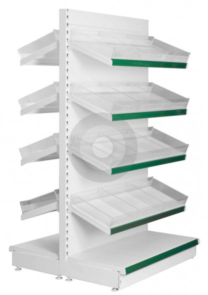 Gondola shelving with plastic risers and dividers