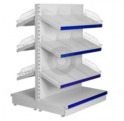 low gondola shelving with wire risers and dividers