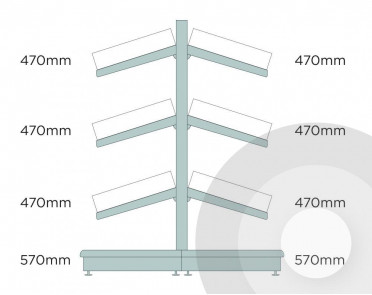 silver deep low gondola shelving with plastic risers and dividers diagram