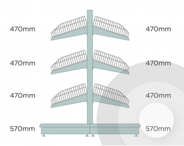 silver deep low gondola shelving with wire risers and dividers diagram