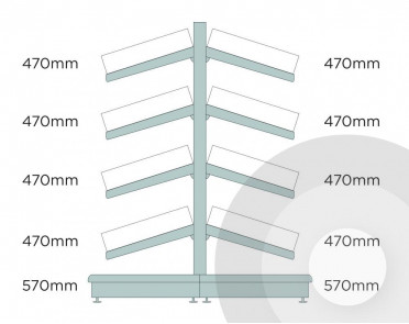 silver tall deep gondola shelving with plastic risers and dividers diagram