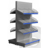 silver deep low gondola shelving with wire risers and dividers