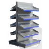 silver tall deep gondola shelving with plastic risers and dividers