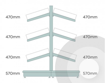 Deep Gondola Shelving (base + 3) With Plastic Risers & Dividers Silver (RAL9006)