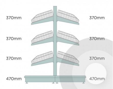 Medium Gondola Shelving (base + 3) With Wire Risers & Dividers Silver (RAL9006)