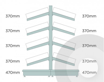 Medium Gondola Shelving (base +4) With Plastic Risers & Dividers Silver (RAL9006)