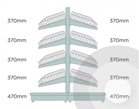 Medium Gondola Shelving (base + 4) With Wire Risers & Dividers Silver (RAL9006)