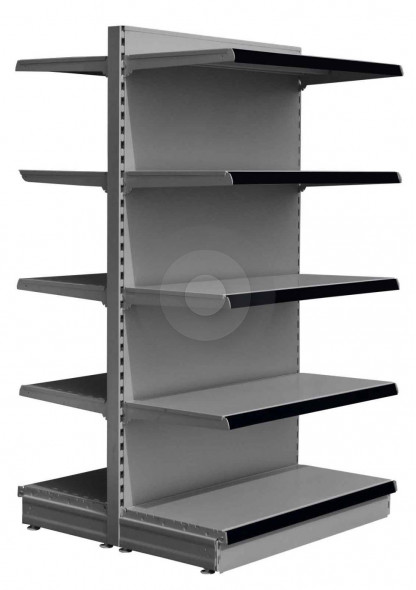 Silver maximum display gondola shelving with black epos