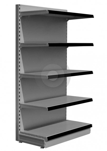 Silver supermarket shelving end bay