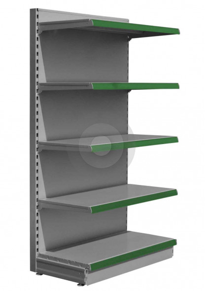Silver store shelving end bay