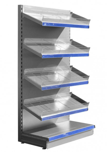 Silver shop shelving with plastic toothed risers and plain dividers