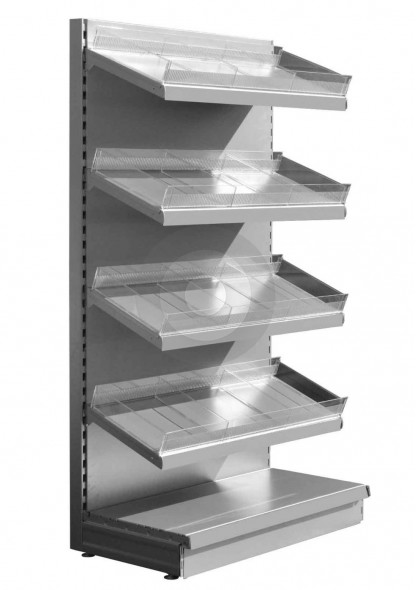 SWSF Silver shop shelving with plastic toothed risers and plain dividers