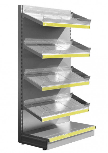 Silver store shelving with plastic toothed risers and plain dividers