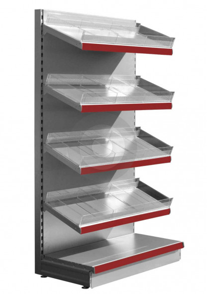 Silver wall shelving with plastic toothed risers and plain dividers