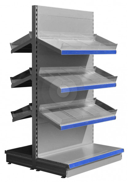 Silver gondola shelving with plastic risers and dividers