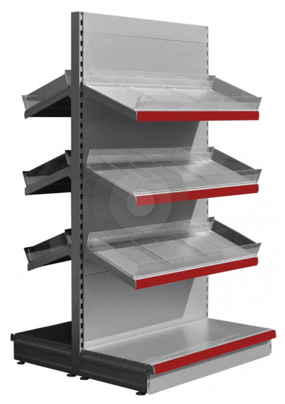 Silver gondola shelving with plastic risers and dividers and red epos