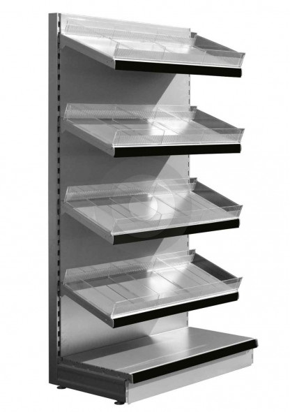 silver wall shelving with plastic risers and dividers