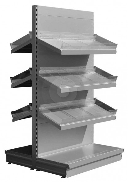 silver low gondola shelving with plastic risers and dividers