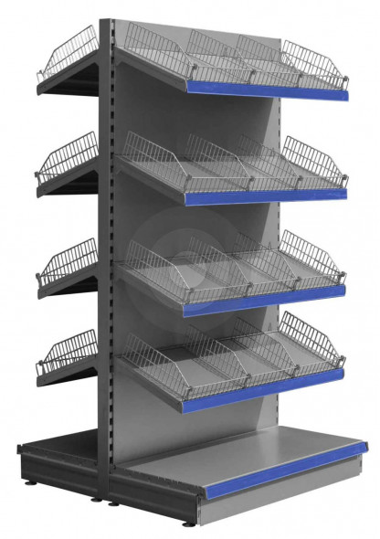 silver gondola shelving with wire risers and dividers