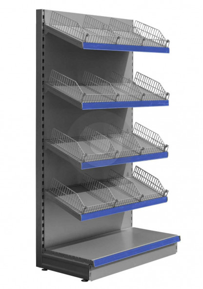silver supermarket shelving with wire risers and dividers