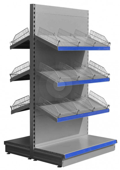 Silver gondola shelving with wire risers and dividers