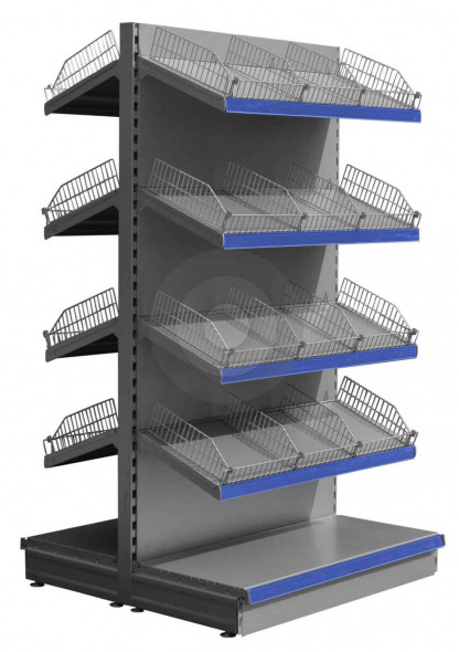 Silver tall gondola shelving with wire risers and dividers
