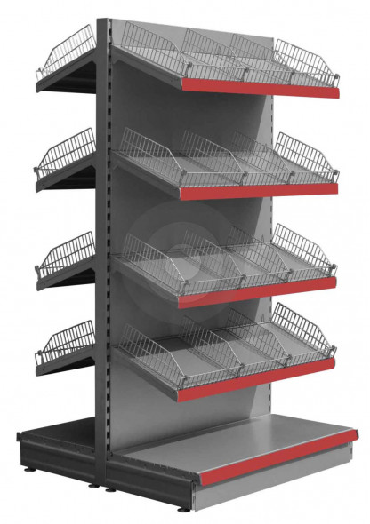 Silver gondola shelving with 8 upper tilting shelves and wire risers and dividers
