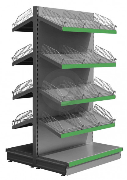 Silver tall gondola shelving with wire risers and dividers and green epos strips