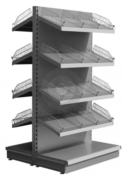 SWSF Silver tall gondola shelving with wire risers and dividers