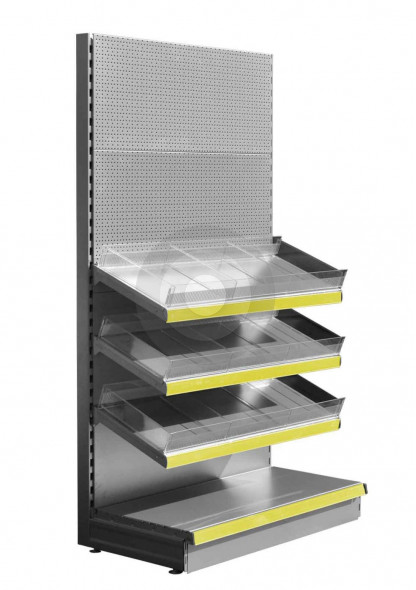 Silver confectionery shelving unit with yellow epos