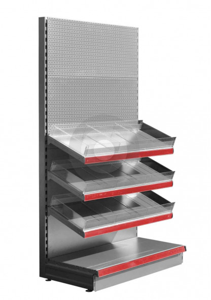 Silver confectionery shelving unit with red epos