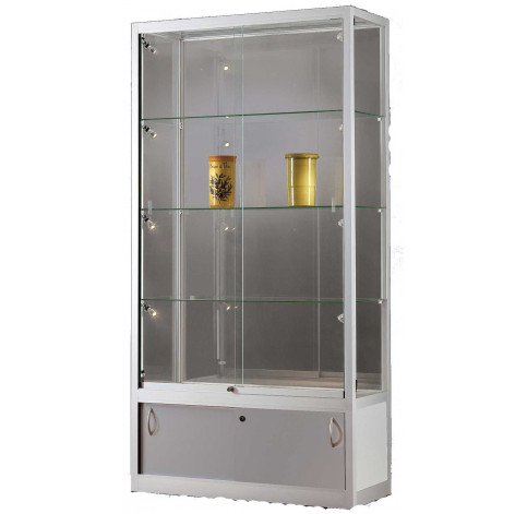 Wide display cabinet with glass top and storage cupboard