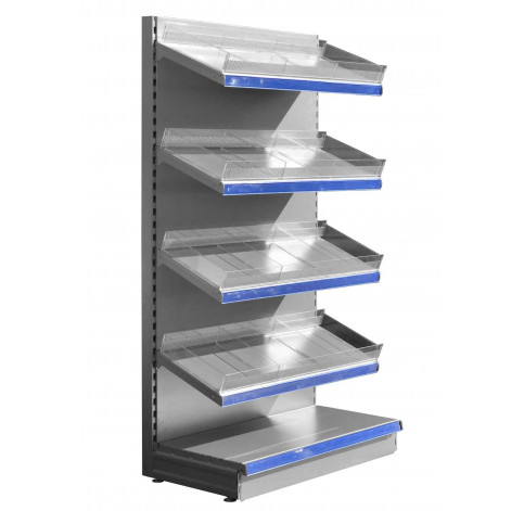 Silver shop shelving with plastic toothed risers and plain dividers