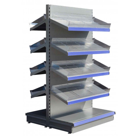 Silver tall gondola shelving with plastic toothed risers and plain dividers
